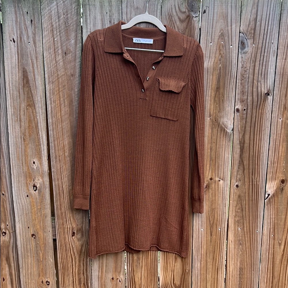 Zara Ribbed Polo Knit Dress in Chestnut Brown